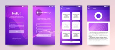 Mobil uygulama tasarımı, UI, UX, GUI. Giriş ve parola girdisi olan kullanıcı kayıt ekranları, giriş yapın, giriş yapın, ana sayfayı imzalayın. Modern tarz. Minimum uygulama. Kullanıcı Tasarım Şablonu. Arayüz.