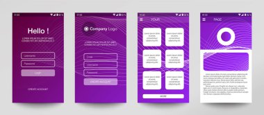 Mobil uygulama tasarımı, UI, UX, GUI. Giriş ve parola girdisi olan kullanıcı kayıt ekranları, giriş yapın, giriş yapın, ana sayfayı imzalayın. Modern tarz. Minimum uygulama. Kullanıcı Tasarım Şablonu. Arayüz.