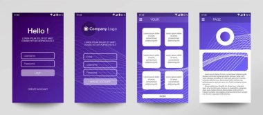 Mobil uygulama tasarımı, UI, UX, GUI. Giriş ve parola girdisi olan kullanıcı kayıt ekranları, giriş yapın, giriş yapın, ana sayfayı imzalayın. Modern tarz. Minimum uygulama. Kullanıcı Tasarım Şablonu. Arayüz.