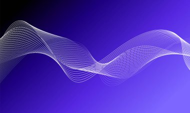 Tasarım için soyut dalga elemanı. Dijital frekans dengeleyici. Tarzlanmış çizgi sanat arka planı. Karıştırma aracı kullanılarak oluşturulan çizgilerle renkli parlak bir dalga. Eğimli dalgalı çizgi, pürüzsüz çizgili vektör.