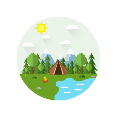 Güzel orman manzarasının daire çizimi. Düz bir yaz manzarası. Güneşli bir gün. Geçmişi. Çadır, ağaçlar, ağaçlar, dağlar, orman ve su. Kamp, yaz kampı, yürüyüş, turizm..