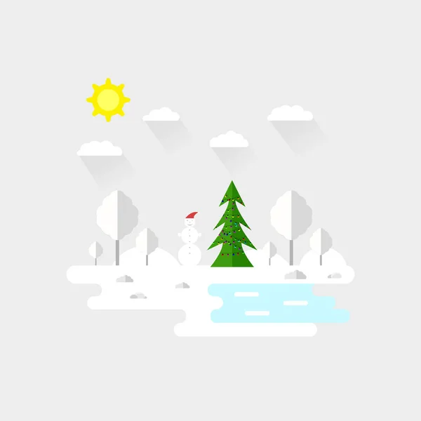 Illustration Une Belle Forêt Arbre Noël Une Scène Bonhomme Neige — Image vectorielle