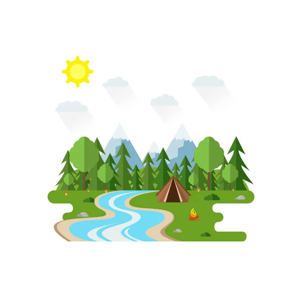 Ilustracja Pięknej Leśnej Sceny Letni Krajobraz Stylu Płaskim Słoneczny Dzień — Wektor stockowy