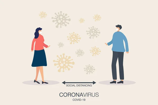 社会的距離 ウイルス病原体を持つ概念的な男と女 Covid 19コロナウイルス病を防ぐために離れて公共社会で距離を保ちます フラットデザインベクトルイラスト 感染を止めない — ストックベクタ