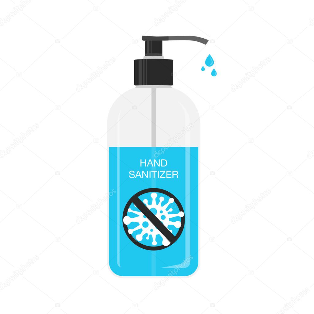 Hand sanitizer pump bottle. Alcohol gel. Kill coronavirus and stop most bacteria viruses. Sanitizer bottle, hygiene product. Covid-19 spread prevention. Stop No Infection
