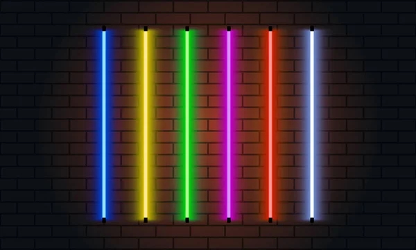 Neon Pinsel Set Vorhanden Set Von Bunten Lichtobjekten Auf Dunklem — Stockvektor