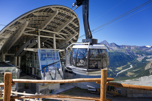 COURMAYEUR, IT - JULY 29, 2016: Cabin of new cableway SKYWAY MONTE BIANCO on the Italian side of Mont Blanc,Start from Entreves to Punta Helbronner at 3466 mt,in Aosta Valley region of Italy.
