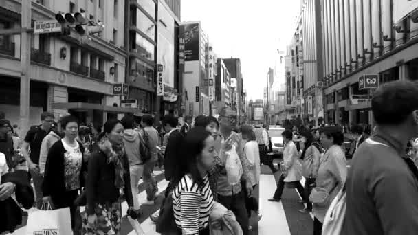 Tokyo, Japan - Circa februari 2016: oidentifierade personer passerar den hårt trafikerade gatan i Ginza, Tokyo.It är en populär exklusiva shoppingområdet Tokyo.Monochrome video — Stockvideo