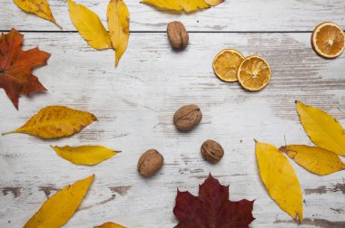 Ahşap arkaplanda renkli sonbahar yaprakları, sonbahar duvar kağıtları