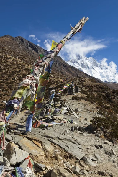 尼泊尔圣训最初是用布条旗写的 后来作为祈祷旗传送到世界其他地区 — 图库照片