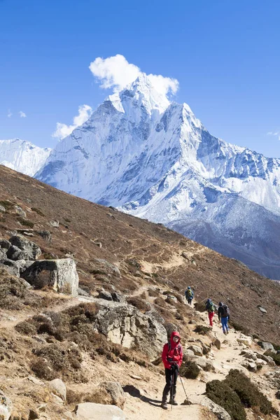 Turyści Drodze Obozu Bazowego Everest Dolina Khumbu Park Narodowy Sagarmatha Obrazy Stockowe bez tantiem