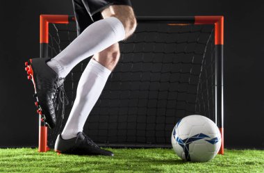 2018 futbol Dünya Kupası veya Football League Championship kavramı. Futbol gol anı. Futbol Dünya Kupası kavramı. Hedefe ateş forvet