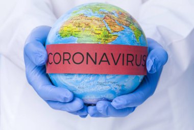 Coronavirus. Covid-19. Koronavirüs salgını. Coronavirüs 2019. Koronavirüs salgınıyla ilgili metni olan bir dünya..