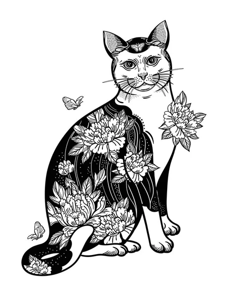 Folklore katt med blommor och fjäril tattoo. — Stock vektor