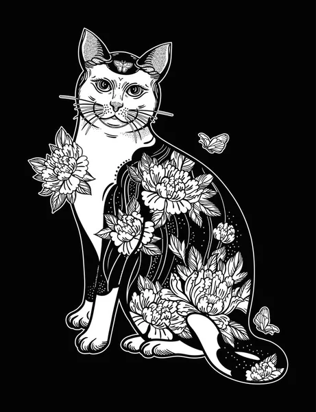 Folklore-Katze mit Blumen und Schmetterling-Tätowierung. — Stockvektor