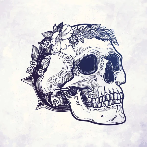 Crânio romântico com grinalda de flores e espinhos . — Vetor de Stock