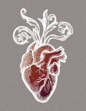 Barok elementlerle dekoratif natüralist kalp. Klasik gotik stil ilham verici sanat. Vektör illüstrasyonu izole edildi. Dövme tasarımı, kullanım için moda romantizm sembolü.