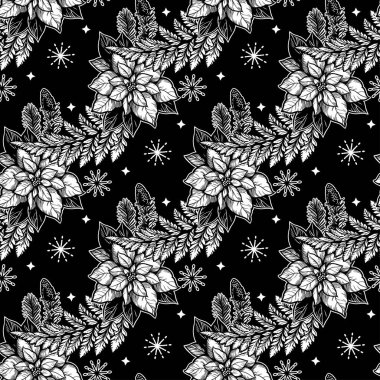 Kozalaklı dallar ve kar taneli noktalı çiçekler. Noel süsü, hediye paketi ve tekstil projeleri için mükemmel. Kusursuz vektör deseni arkaplanı.