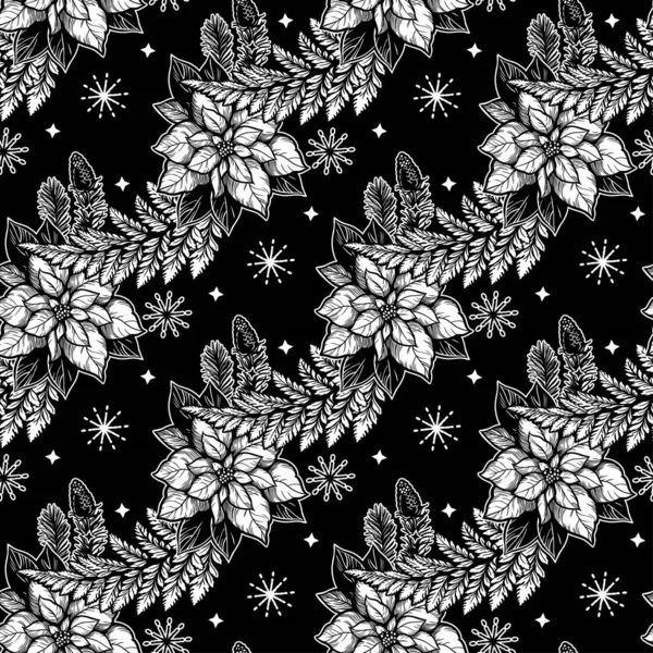 Branches de conifères et fleurs de poinsettia avec flocons de neige. Parfait pour la décoration de Noël, l'emballage cadeau et les projets textiles. Fond de motif vectoriel sans couture . — Image vectorielle