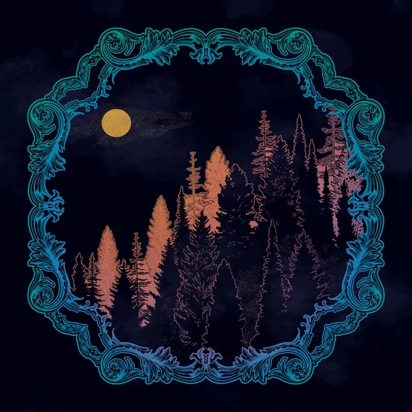 Wild mountain forest landscape.Isolated vector illustration. Invitation. Tattoo, travel, adventure, outdoors retro symbol. — 스톡 벡터