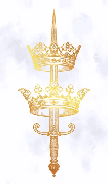 Coronas adornadas atravesadas por la espada. Arte de estilo gótico vintage inspirado. Ilustración vectorial aislada. Diseño del tatuaje, símbolo de romance de moda . — Vector de stock