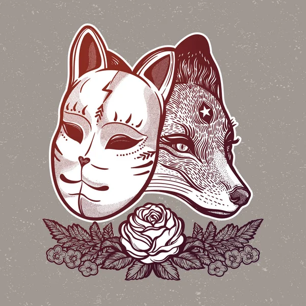 Japanse masker vos met echte vos. Dromerige magische kunst. Nacht, natuur symboliseren.Geïsoleerde vectorkunst. Print op poster, kaart, sticker, T-shirt. — Stockvector