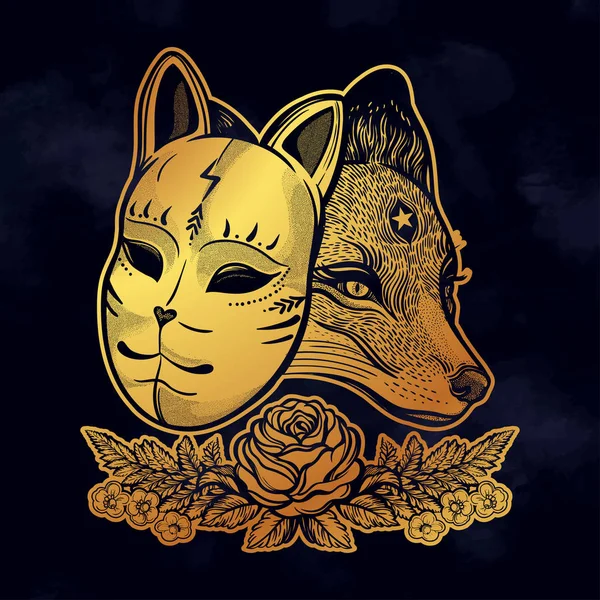 Japanischer Maskenfuchs mit echtem Fuchs. Verträumte Zauberkunst. Nacht, Natursymbol.Isolierte Vektorkunst. Druck auf Plakat, Karte, Aufkleber, T-Shirt. — Stockvektor