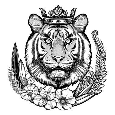 Tropik çiçek çerçeveli kaplan portresi. Rüya gibi sihir sanatı. Gece, doğa, cadı sembolü. İzole vektör çizimi. Açık hava, dövme tasarımı..