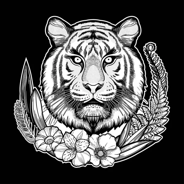 Tiger portrait in tropical flowers frame. Dreamy magic art. Night, nature, wicca symbol. Isolated vector illustration. Great outdoors, tattoo design. — Stock Vector