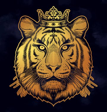 Kaplan portresi. Rüya gibi sihir sanatı. Güç sembolü. İzole vektör çizimi. Açık hava, dövme ve tişört tasarımı harika..