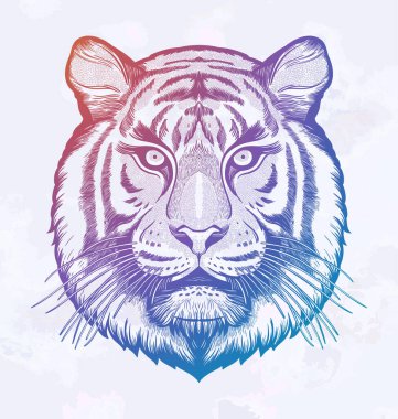 Kaplan portresi. Rüya gibi sihir sanatı. Güç sembolü. İzole vektör çizimi. Açık hava, dövme ve tişört tasarımı harika..