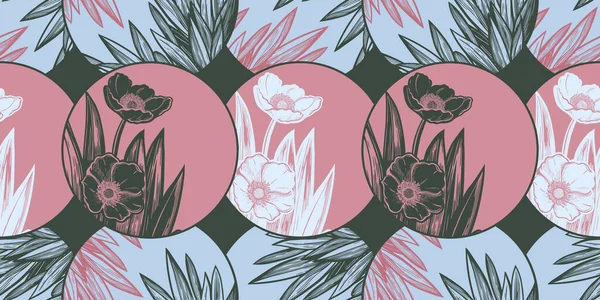 Tulpan eller Anemon blomma komposition i cirkel sömlösa mönster. Elegant blommig blomma bakgrund, romantisk dekoration. — Stock vektor