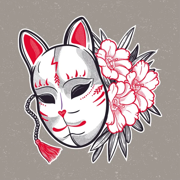 Japonská maska liška s květinami. Izolované vektorové umění. Tisk na plakát, pohlednici, samolepku. — Stockový vektor
