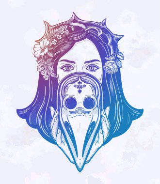 Dikenli bir taç giymiş, veba maskesi takan güzel bir kadın. Orta çağ Gotik dövme stili. Sağlık krizinde birlik, dayanışma ve desteğin sembolü. İzole vektör illüstrasyonu.