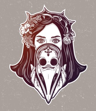 Dikenli bir taç giymiş, veba maskesi takan güzel bir kadın. Orta çağ Gotik dövme stili. Sağlık krizinde birlik, dayanışma ve desteğin sembolü. İzole vektör illüstrasyonu.