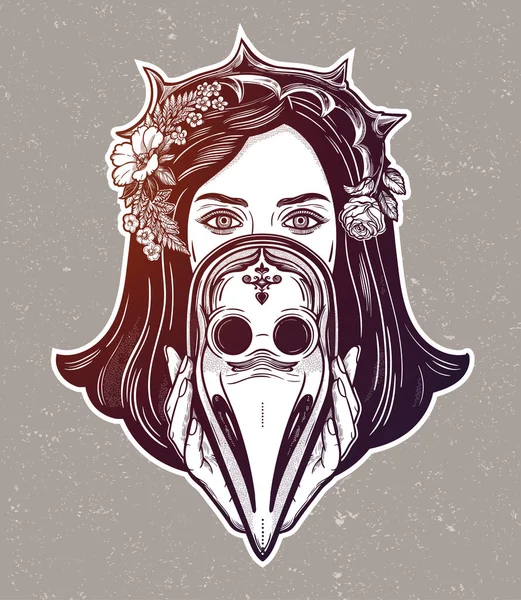 Beautiful woman in a crown of thorns, holding a plague doctor mask -medieval gothic tattoo style.Symbol of unity, solidarity and support in a health crisis. Isolated vector illustration. - Stok Vektor