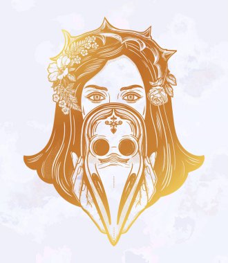 Dikenli bir taç giymiş, veba maskesi takan güzel bir kadın. Orta çağ Gotik dövme stili. Sağlık krizinde birlik, dayanışma ve desteğin sembolü. İzole vektör illüstrasyonu.