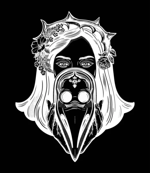 Beautiful woman in a crown of thorns, holding a plague doctor mask -medieval gothic tattoo style.Symbol of unity, solidarity and support in a health crisis. Isolated vector illustration. — 图库矢量图片