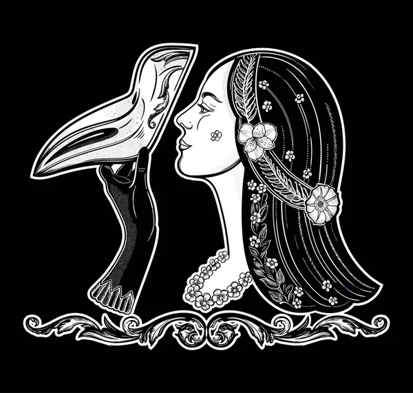 疫病の医者のマスクの女の子。中世ゴシック様式のベジタリアンマスク。分離ベクトル図. — ストックベクタ