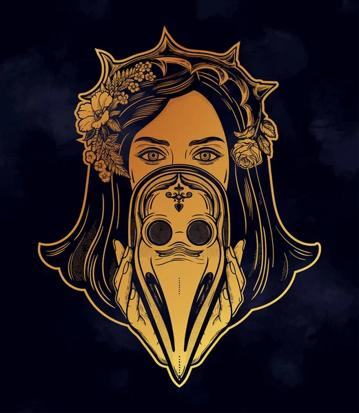 Hermosa mujer en una corona de espinas, sosteniendo una máscara de médico de la peste estilo medieval tatuaje gótico. Símbolo de unidad, solidaridad y apoyo en una crisis de salud. Ilustración vectorial aislada . — Vector de stock