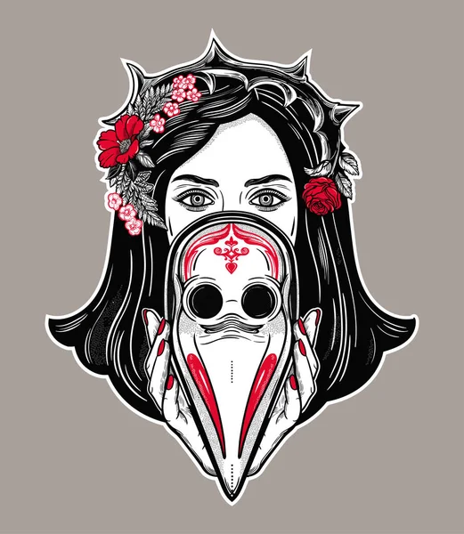 Beautiful woman in a crown of thorns, holding a plague doctor mask -medieval gothic tattoo style.Symbol of unity, solidarity and support in a health crisis. Isolated vector illustration. — 图库矢量图片