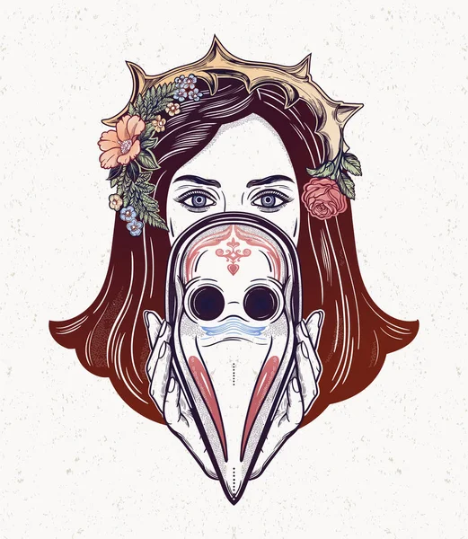 とげの冠の美しい女性は、疫病の医者マスクを保持-中世ゴシックタトゥースタイル。団結、連帯と健康危機のサポートのシンボル。分離ベクトル図. — ストックベクタ