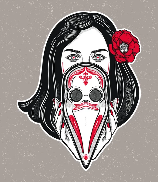 Beautiful woman holding a plague doctor mask -medieval gothic tattoo style.Symbol of unity, solidarity and support in a health crisis. Isolated vector illustration. — 图库矢量图片