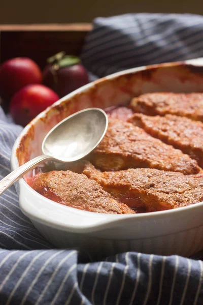 Cobbler with fruit filling, rustic style, selective focus — Stock Photo, Image