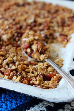 Ev granola tepsisine bir beyaz. Rustik tarzı, seçici odak.