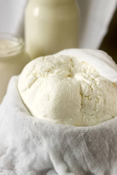 Hausgemachte Milchprodukte: Quark, saure Sahne und Milch auf weißem Hintergrund. Stil rustikal. — Stockfoto
