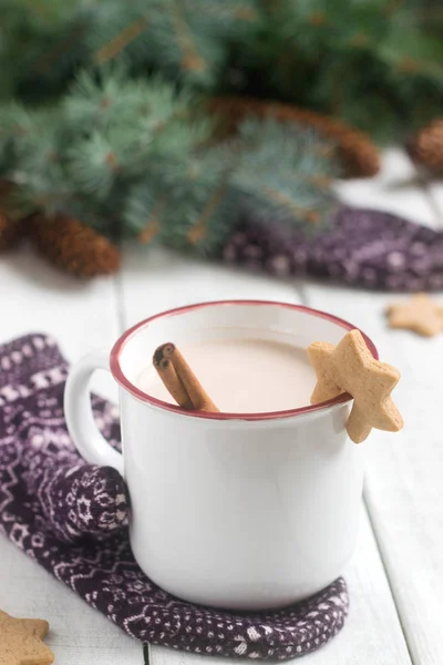 Cacau ou chocolate quente com canela e gengibre em um fundo com mitenes, ramos de abeto e cones . — Fotografia de Stock