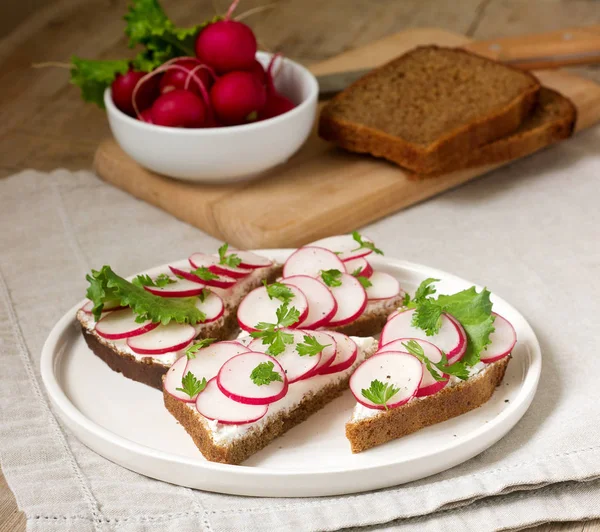 Apetyczne Kanapki chleba żytniego z ser twaróg, rzodkiewki, sałata. Styl rustykalny. — Zdjęcie stockowe