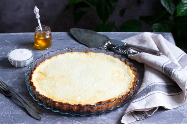 Diet Cottage Cheese Casserole Lemon Zest Vanilla Served Sour Cream — Stock Photo, Image