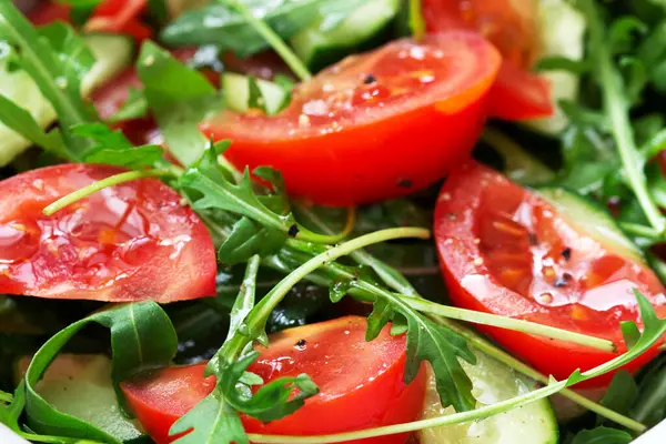 Salad Arugula Tomatoes Cucumbers Lemon Sauce Selective Focus — Stock Photo, Image